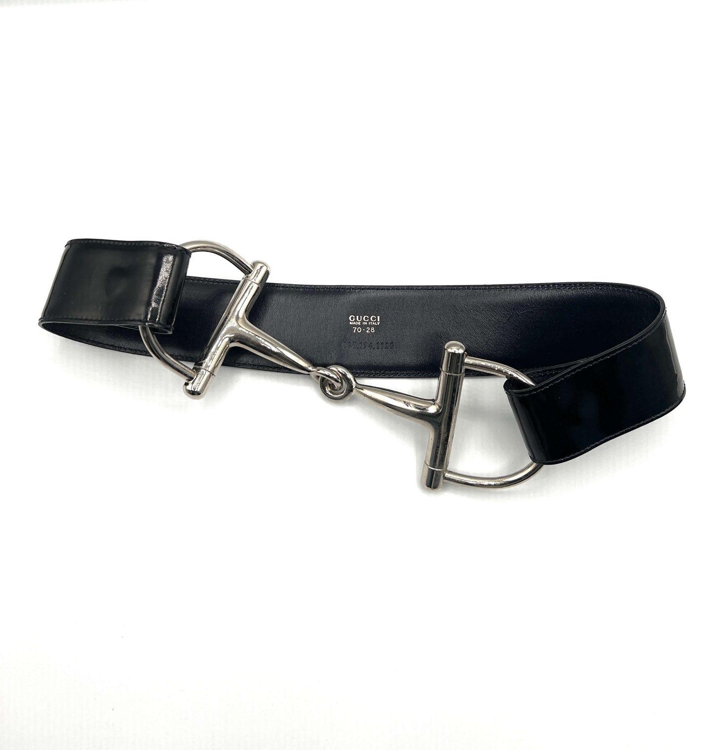 Gucci x Tom Ford Black Patent Leather Belt with Silver Horsebit Buckle