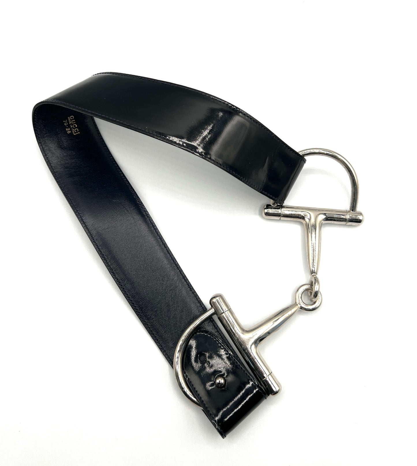 Gucci x Tom Ford Black Patent Leather Belt with Silver Horsebit Buckle